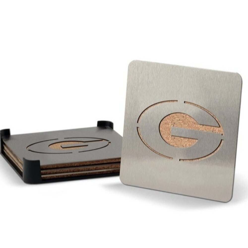 NEW!! University Of Georgia Set of 4 Coasters Heavy Duty Stainless Steel & Cork